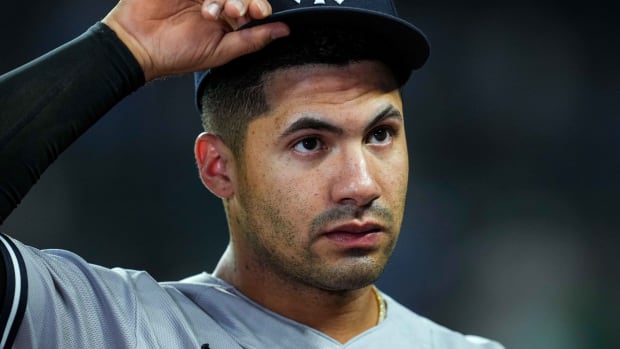 Sep 30, 2023; Kansas City, Missouri, USA; New York Yankees second baseman Gleyber Torres (25) is interviewed after defeating the Kansas City Royals at Kauffman Stadium.